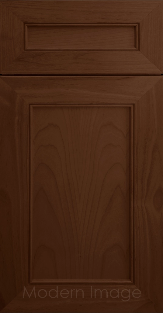 Highland Pecan-stained Shaker kitchen cabinet door with wide rails and a flat center panel.
